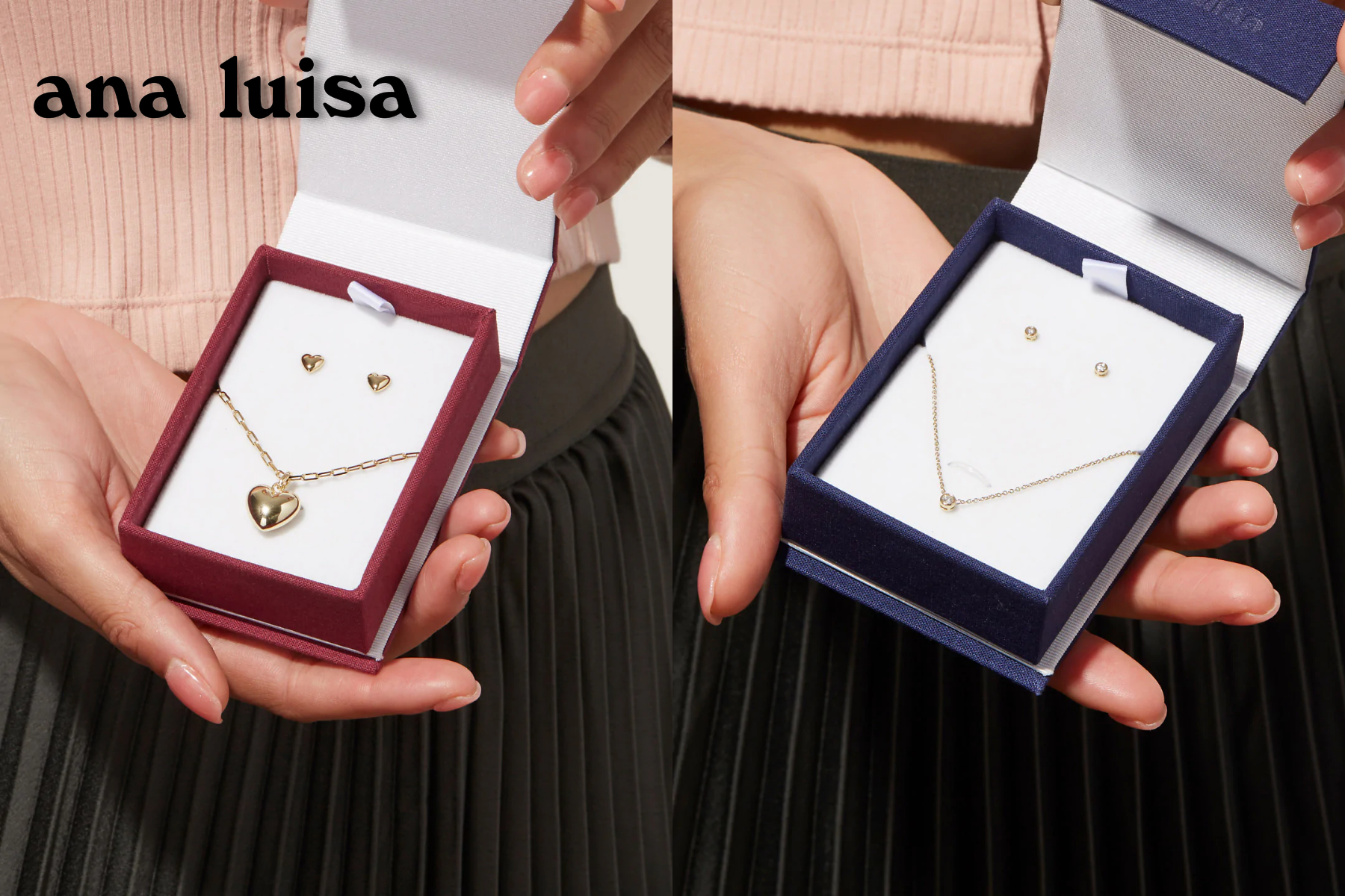 Ana Luisa's same model holding a different colored box with different types of earrings and necklace