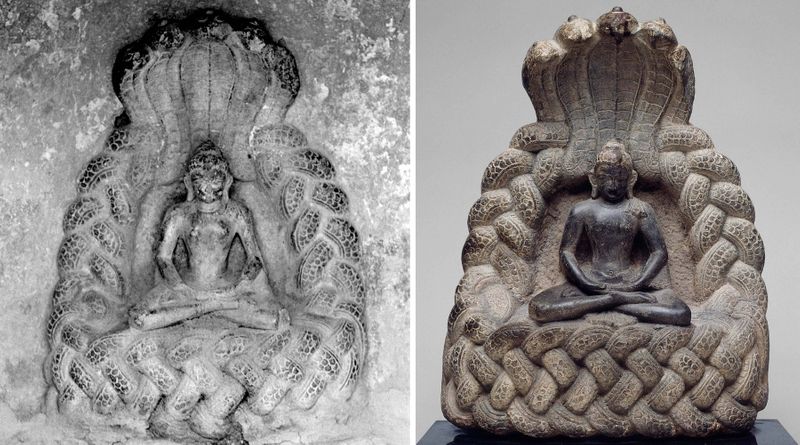 A sculpture photographed in Nepal in 1970, first image, and a stone carving the Art Institute lists as the “Buddha Sheltered by the Serpent King Muchalinda,” second image, which came from the Alsdorf collection. Activists say the photos show the same object and provide evidence the museum may be in possession of a looted item