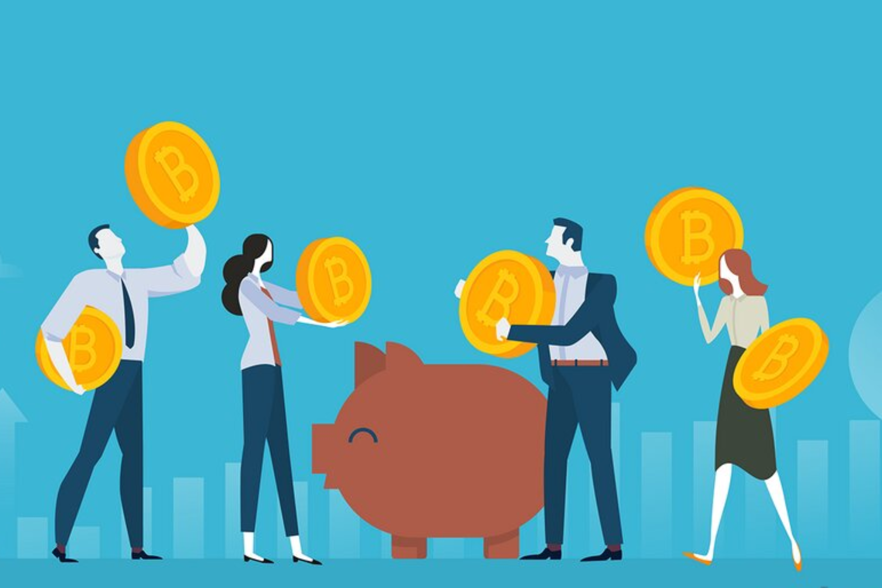 A group of people holding bitcoins and standing near a large piggy bank