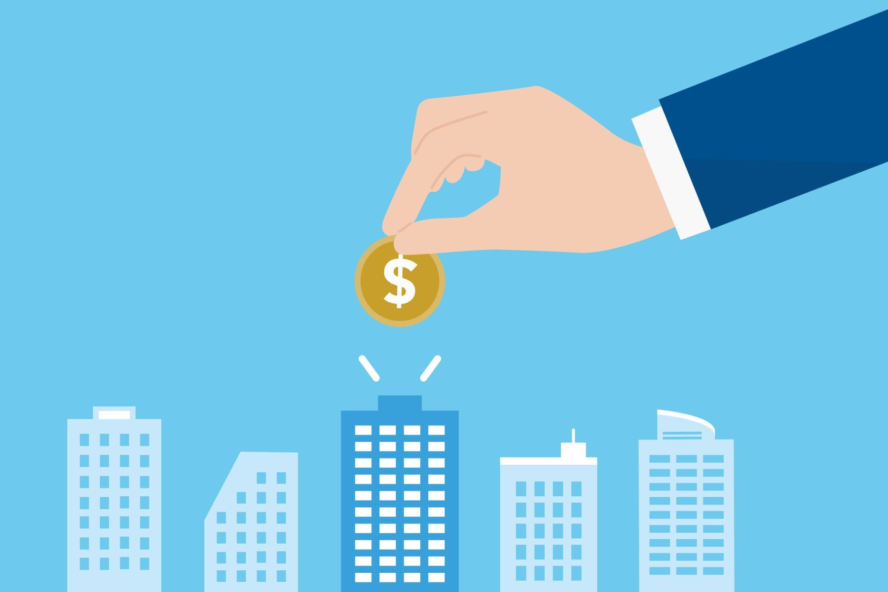 A businessman's hand placing a dollar coin on top of a miniature building