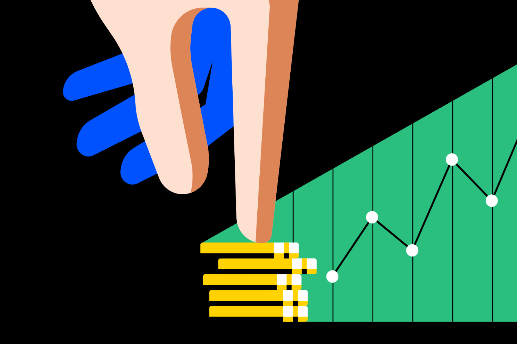 A person's hand pointing at a pile of coins