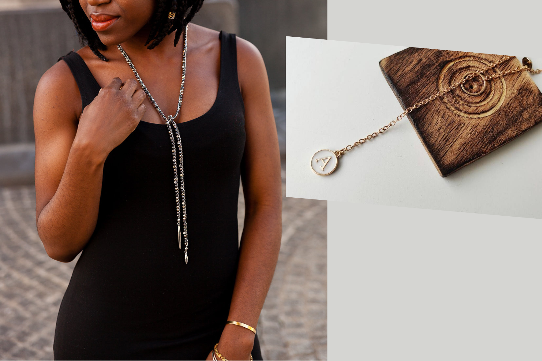 A woman dressed in black wears a long-tailed lariat necklace next to a gold lariat necklace with an initial pendant on top of a cube wood