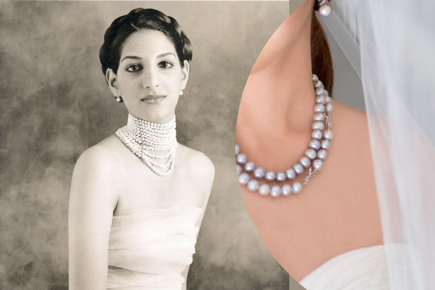 An old photograph of a bride wearing multi-layered pearl necklaces next to a modern photograph of a bride wearing pearl necklaces