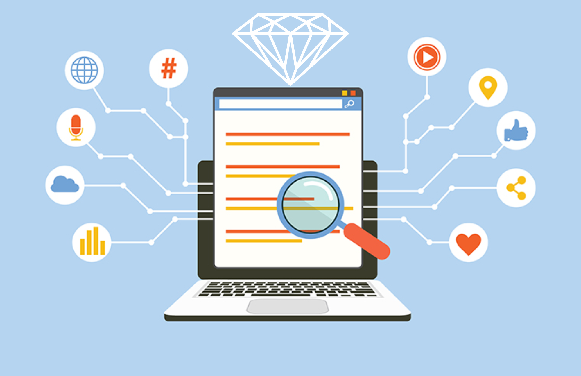 A magnifying glass is searching the screen of a laptop, and various logos surround it
