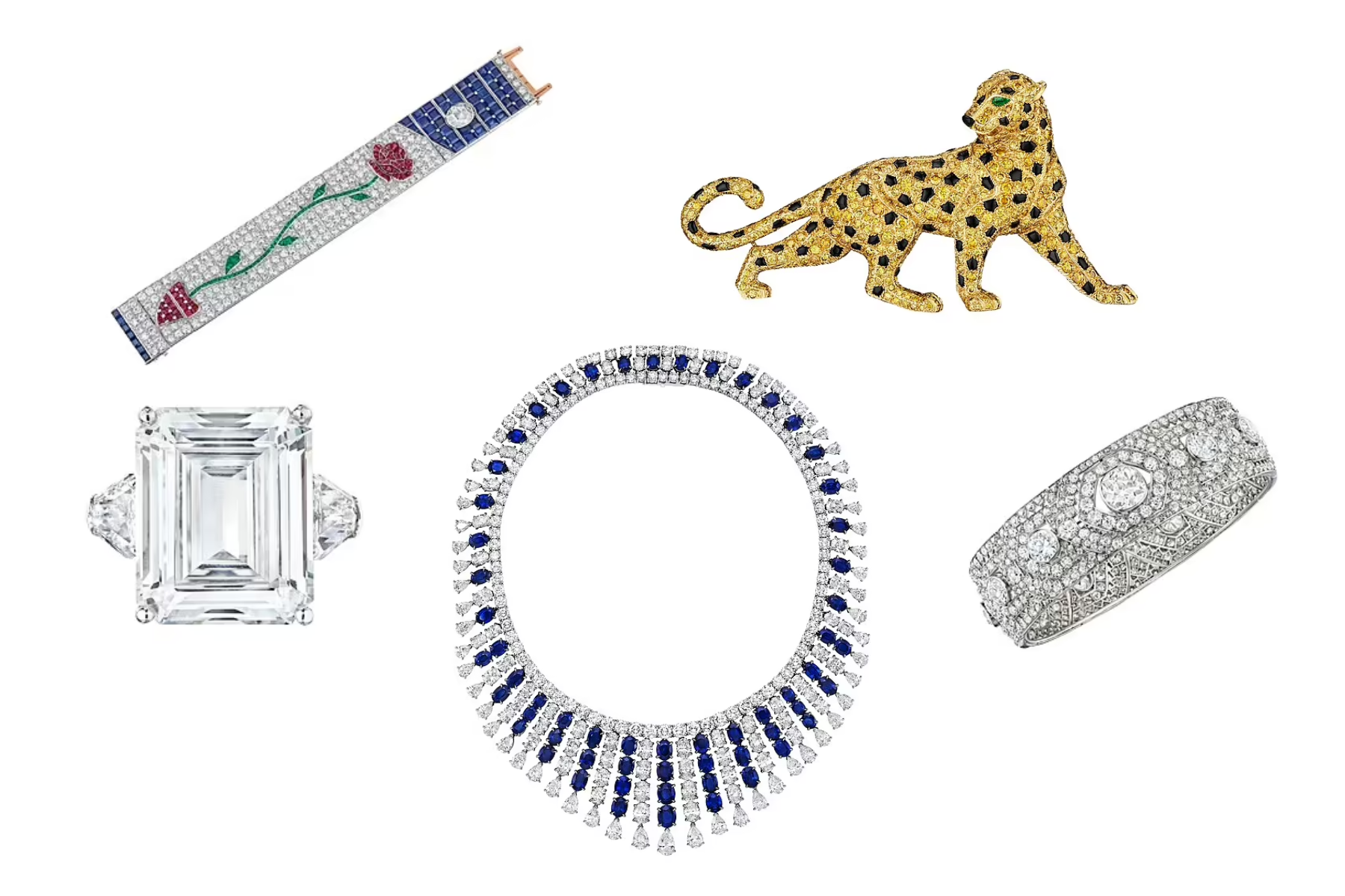 'Moonlight rose' bracelet by Tiffany & Co., a Panther brooch,a ring with an emerald-cut diamond, a diamond bracelet by Cartier, and a Van Cleef & Arpels platinum necklace featuring sapphires and diamonds