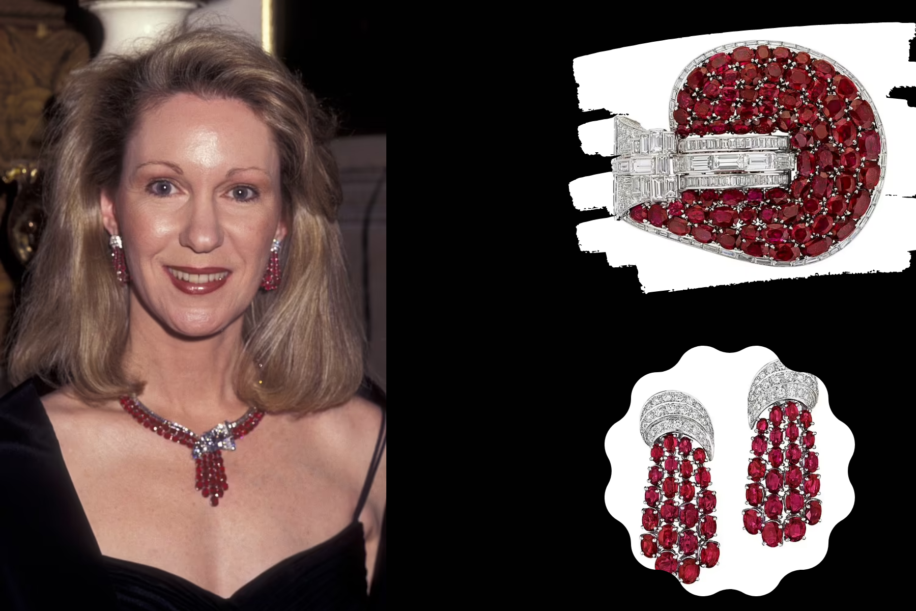The Van Cleef & Arpels necklace and earrings (seen on Eisenhower at the Plaza Hotel in New York City on October 25, 1995) were auctioned off for $1,184,400 and $176,400
