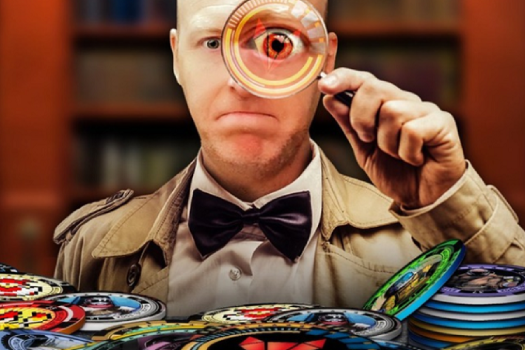 A close-up of a man's hand holding a magnifying glass as he searches for information on cryptocurrency coins on a computer screen