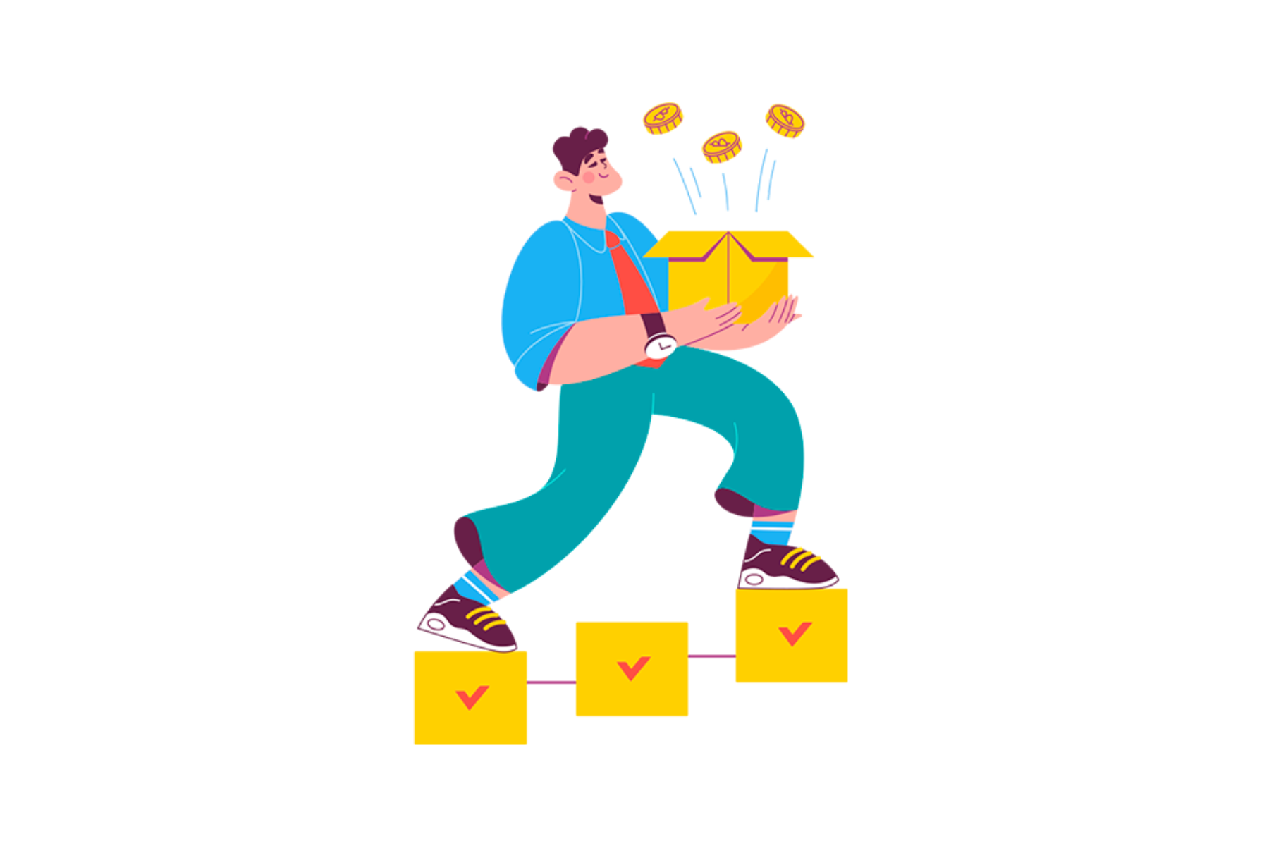 A man is seen carrying a box containing Bitcoins as he ascends a staircase made up of three yellow boxes