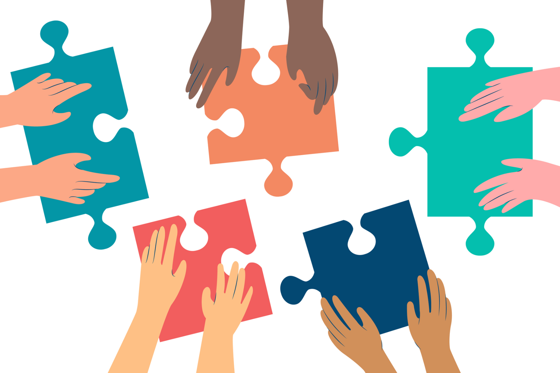 Five hands of different colors holding puzzles