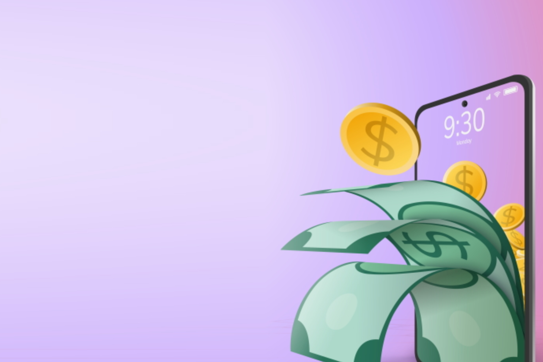 An image of a phone surrounded by dollar bills and coins