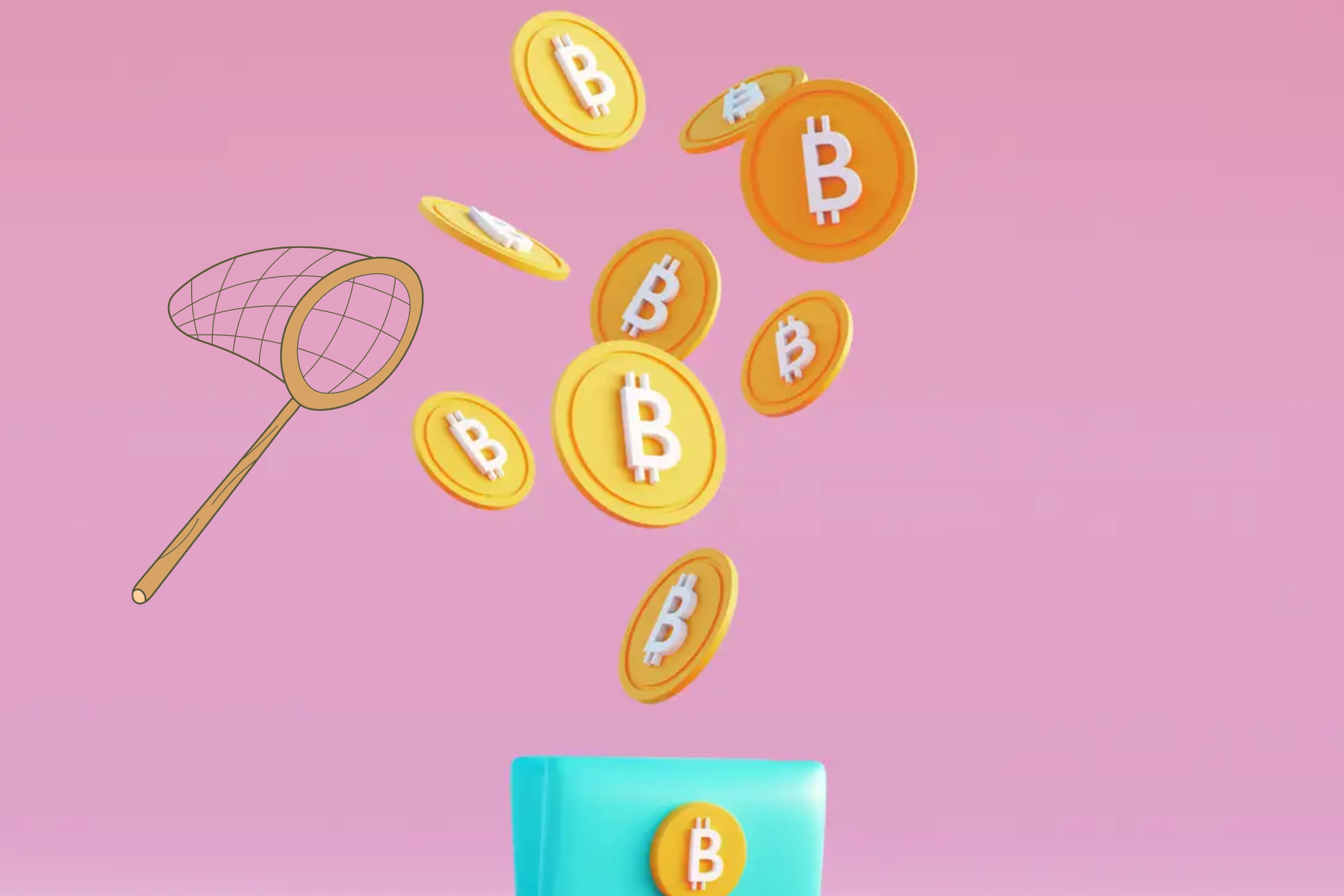 A wallet is releasing Bitcoin into the air and a net is positioned to catch the falling cryptocurrency