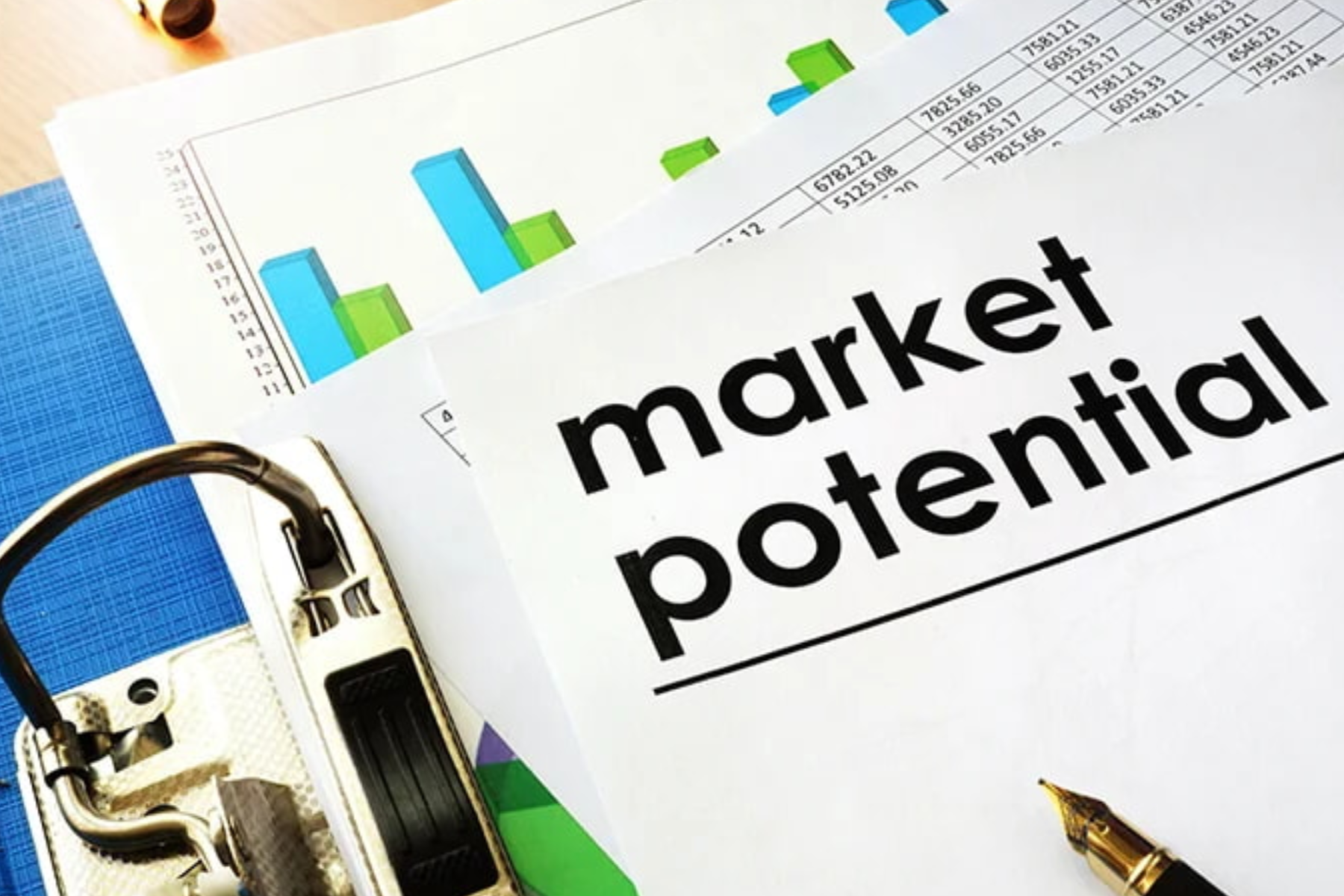 Several papers, one of which is labeled "market potential," while the others contain graphs and numerical value