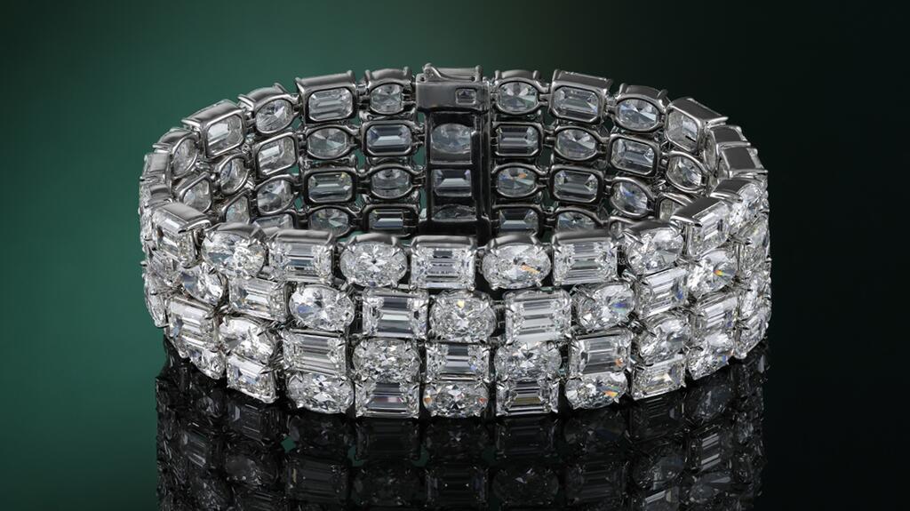 Featuring 84 total carats of alternating emerald and oval cut lab-grown diamonds set in 18-karat white gold, the four-row “Jerusalem Bracelet” is inspired by the imperfectly stacked stones that make up the Western Wall. ($89,000)