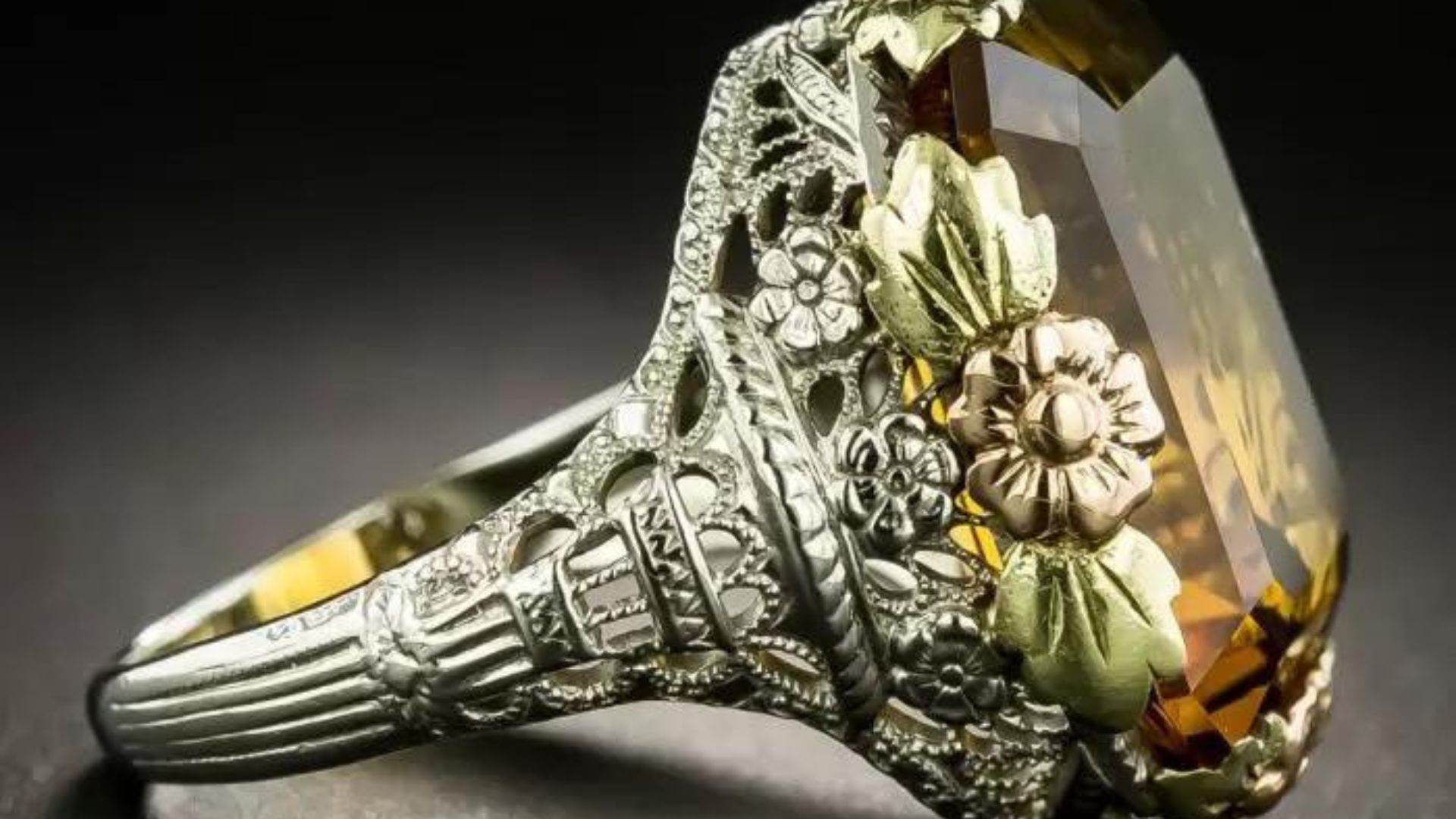 Art Deco Citrine Tri-Color Gold Ring