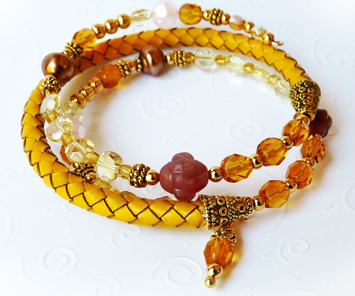 Leather & Memory Wire Wrap Citrine Bracelet