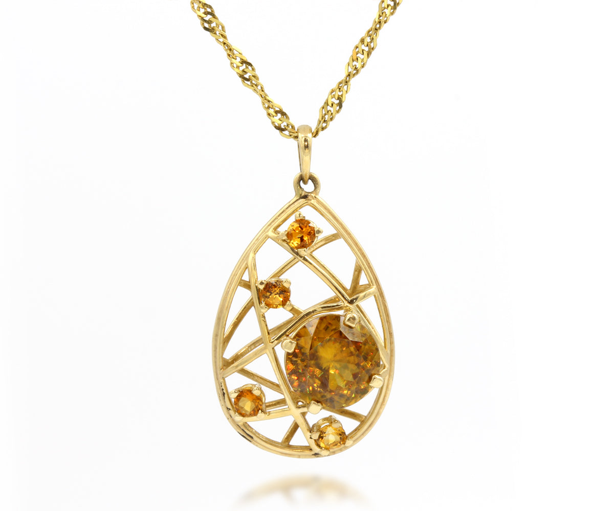 Golden Sphene and Citrine Weave Teardrop Necklace