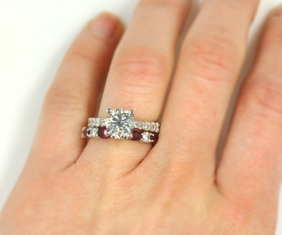 Cathedral Diamond and Ruby Platinum Wedding Band