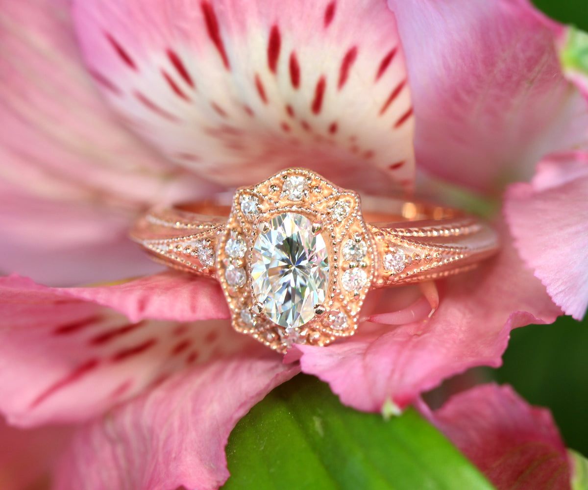 Oval Diamond Floral Halo Rose Gold Wedding Ring