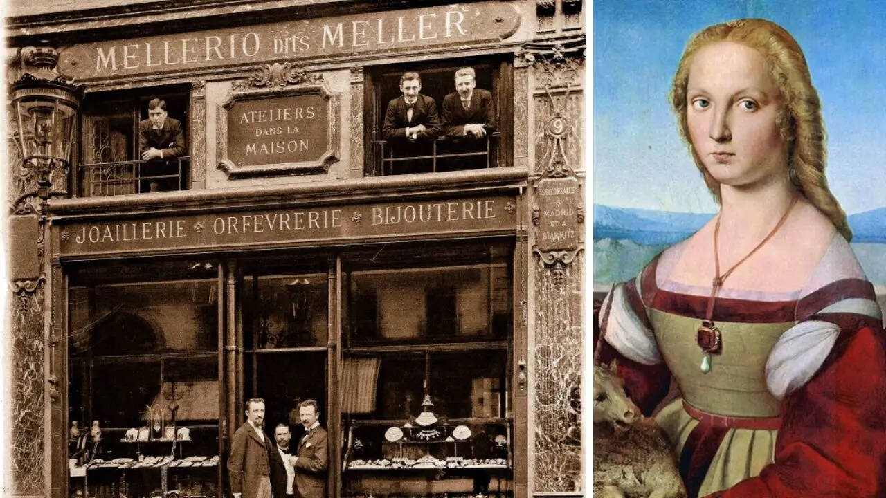 Historic jewelry storefront beside Renaissance-style painted portrait